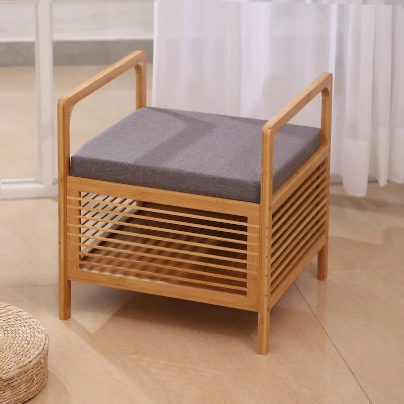 Bamboo Storage Stool with Padded Linen Seat, Natural Finish