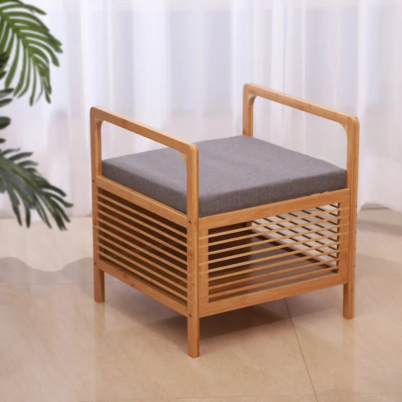 Bamboo Storage Stool with Padded Linen Seat, Natural Finish