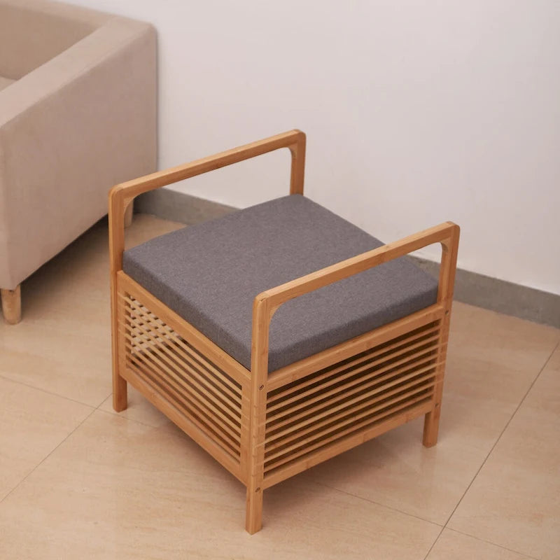 Bamboo Storage Stool with Padded Linen Seat, Natural Finish