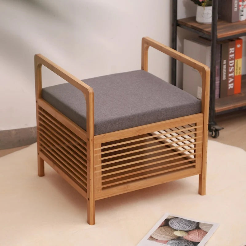 Bamboo Storage Stool with Padded Linen Seat, Natural Finish