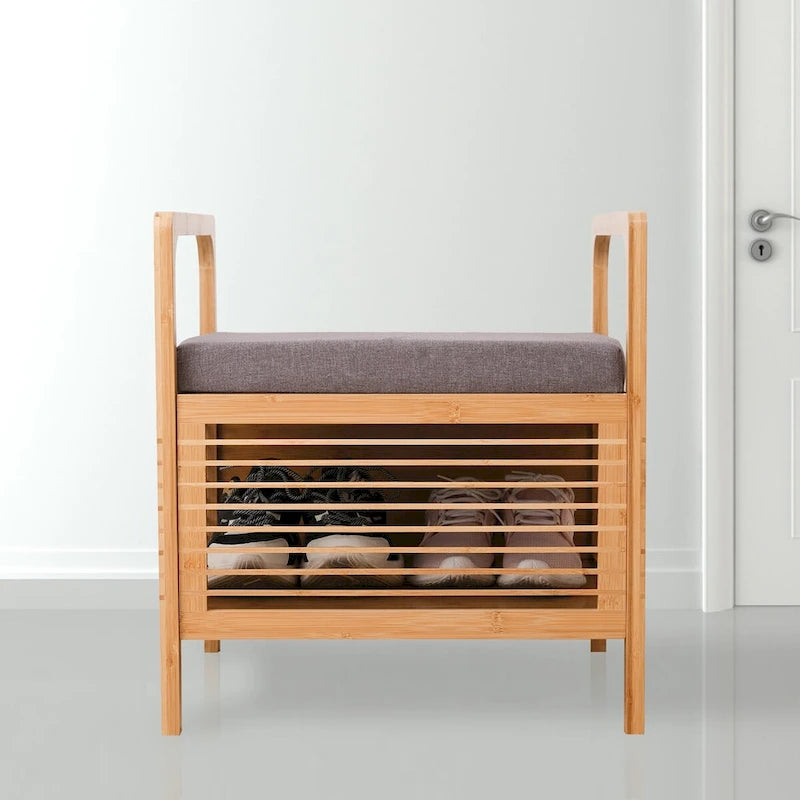 Bamboo Storage Stool with Padded Linen Seat, Natural Finish