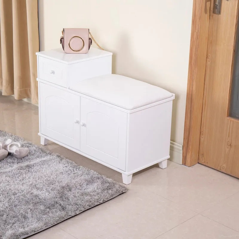 Weiße Schuhbank aus Holz, Hocker und Schrank mit Schublade – 31.50*13.78*23.62