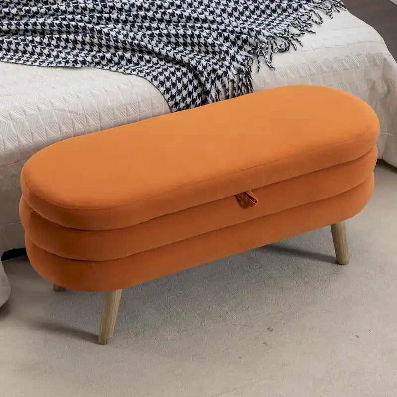 Velvet Fabric Storage Bench Bedroom Bench With Wood Legs For Living Room Bedroom Indoor