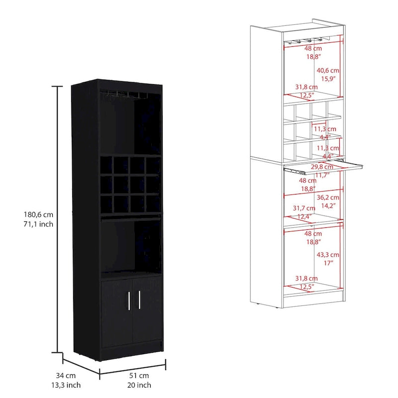 178 cm hoher, 5-stufiger moderner Barschrank mit Glashalter für Stielgläser, Weinschrank, 12 Flaschenfächern und 5 Regalböden