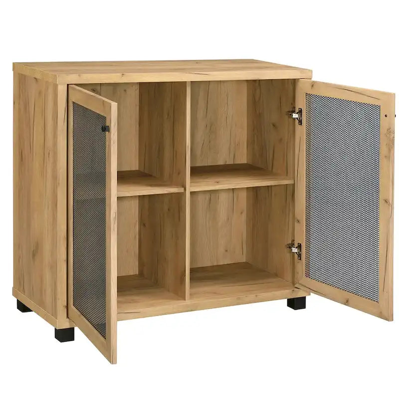 2 Doors Accent Cabinet with Metal Legs in Golden Oak and Black