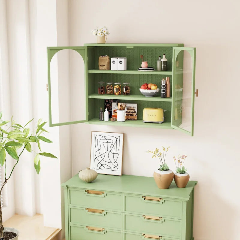 27.56Glass Doors Modern Two-door Wall Cabinet with Featuring Three-tier Storage for Entryway,with Characteristic Woven Pattern