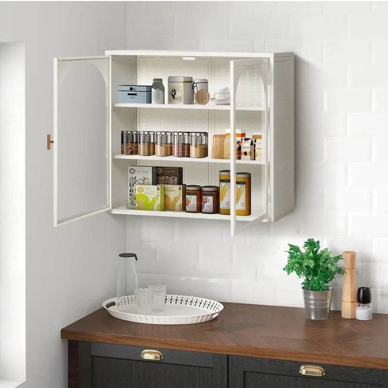 27.56Glass Doors Modern Two-door Wall Cabinet with Featuring Three-tier Storage for Entryway,with Characteristic Woven Pattern