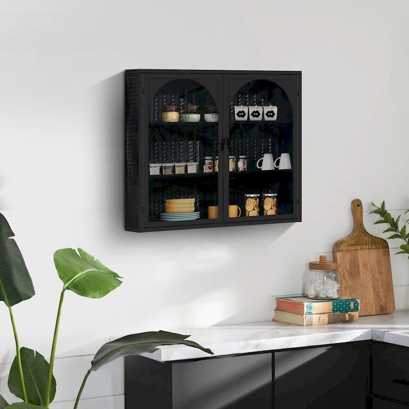 27.56Glass Doors Modern Two-door Wall Cabinet with Featuring Three-tier Storage for Entryway,with Characteristic Woven Pattern