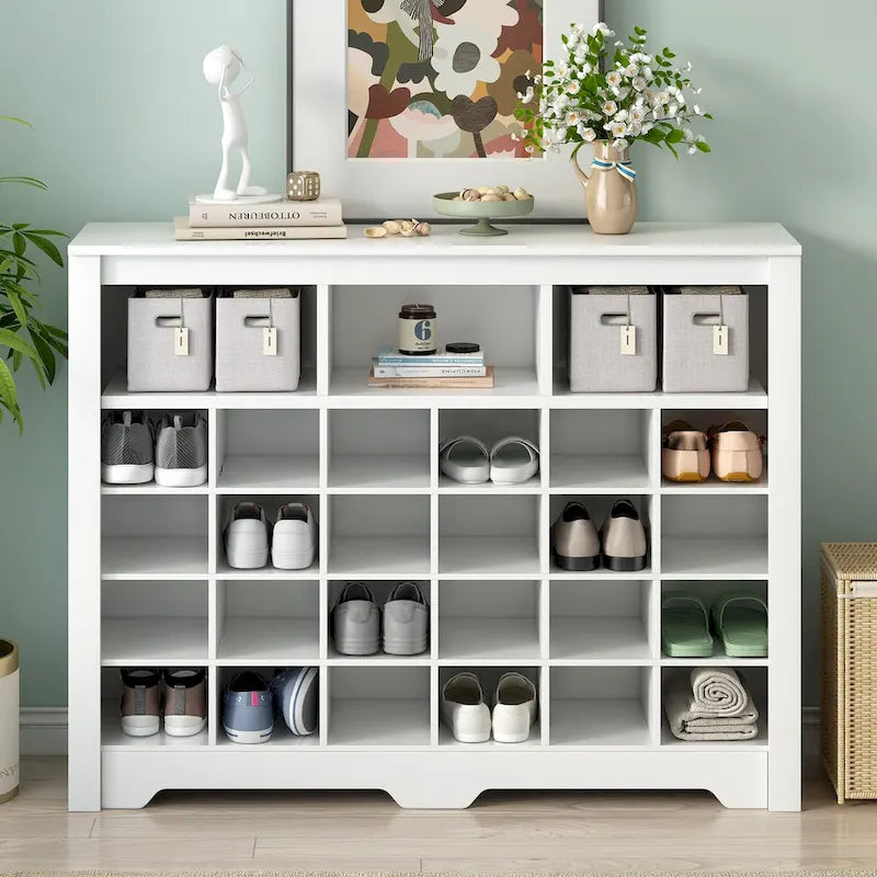 Schlanke 24-Fächer-Schuhkonsole, moderner Schuhschrank mit geschwungenem Sockel, vielseitiges Sideboard mit hochwertiger Verarbeitung für den Flur