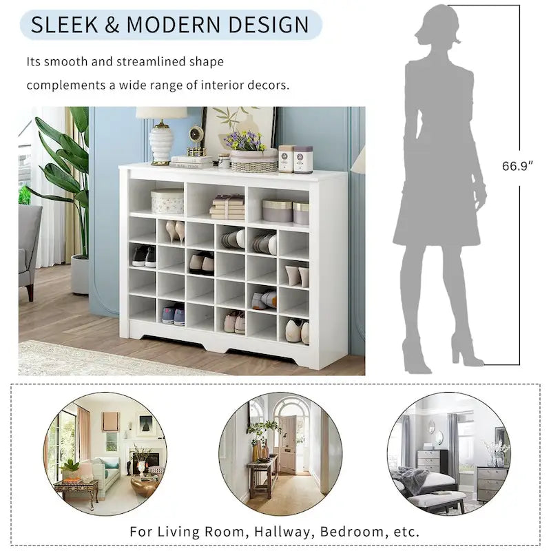 Schlanke 24-Fächer-Schuhkonsole, moderner Schuhschrank mit geschwungenem Sockel, vielseitiges Sideboard mit hochwertiger Verarbeitung für den Flur