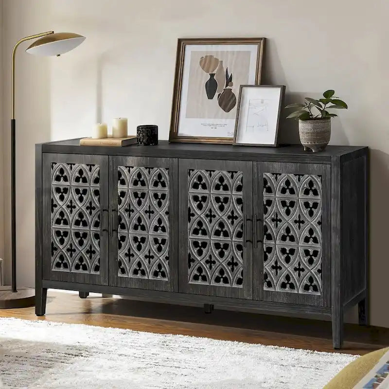 Antiker Schrank mit vier geschlossenen Türen im amerikanischen Landhausstil, geeignet für Wohnzimmer, TV-Schrank und Küche (Antikschwarz)