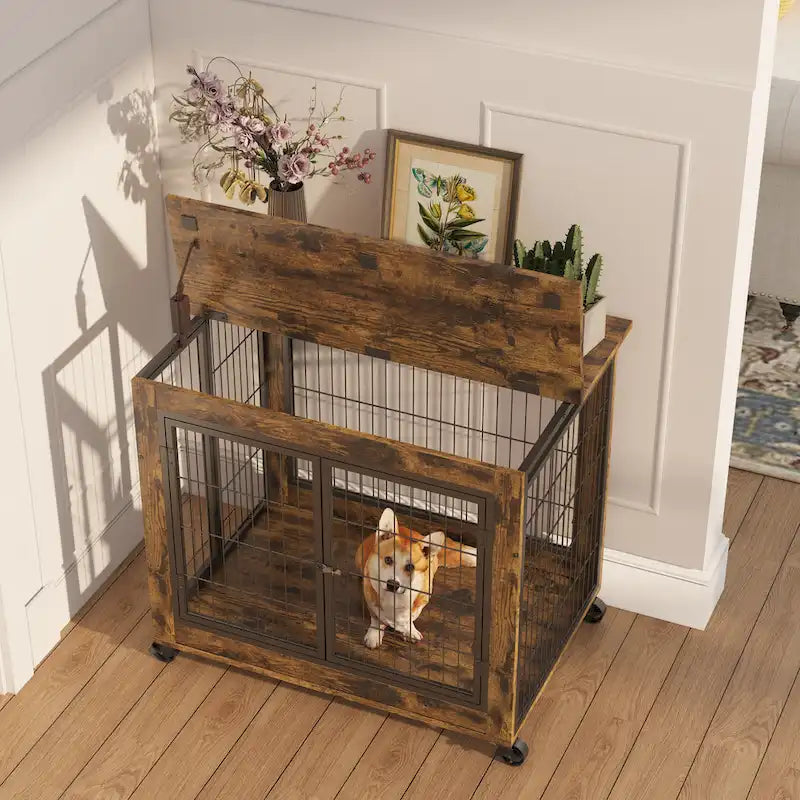 Beistelltisch im Möbelstil als Hundebox auf Rollen, mit Doppeltüren und aufklappbarer Tischplatte, rustikales Braun, 31.50 W x 22.05 D x 25 H.