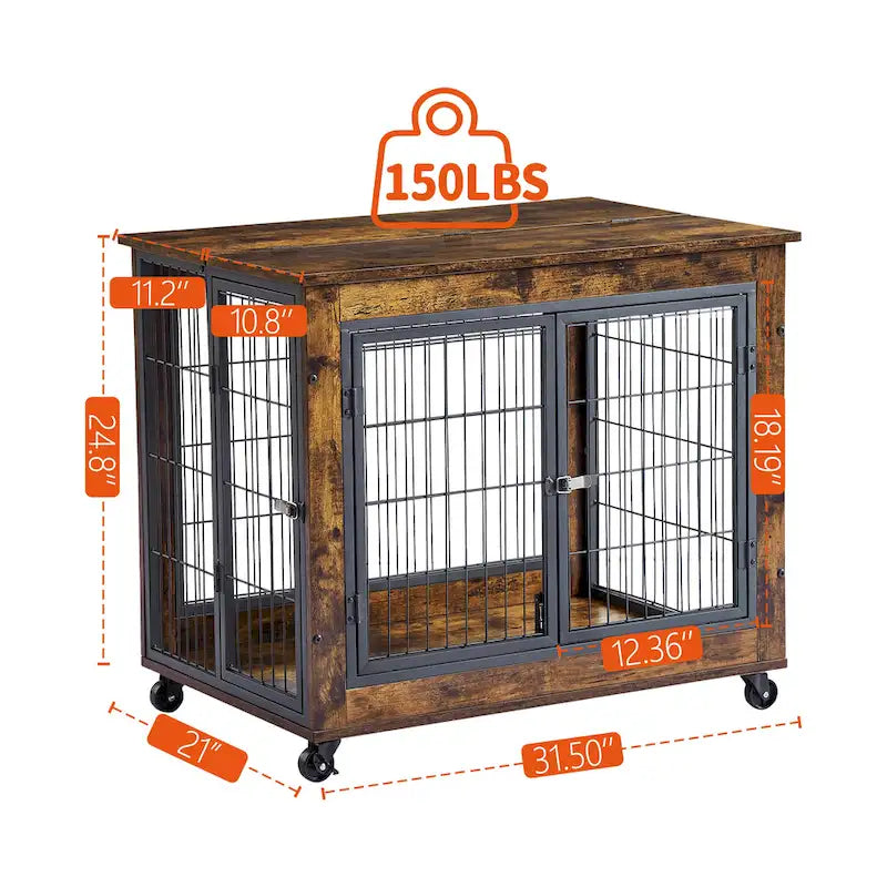 Beistelltisch im Möbelstil als Hundebox auf Rollen, mit Doppeltüren und aufklappbarer Tischplatte, rustikales Braun, 31.50 W x 22.05 D x 25 H.