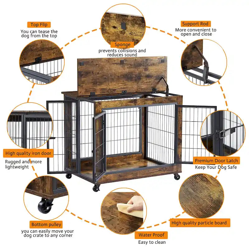 Beistelltisch im Möbelstil als Hundebox auf Rollen, mit Doppeltüren und aufklappbarer Tischplatte, rustikales Braun, 31.50 W x 22.05 D x 25 H.
