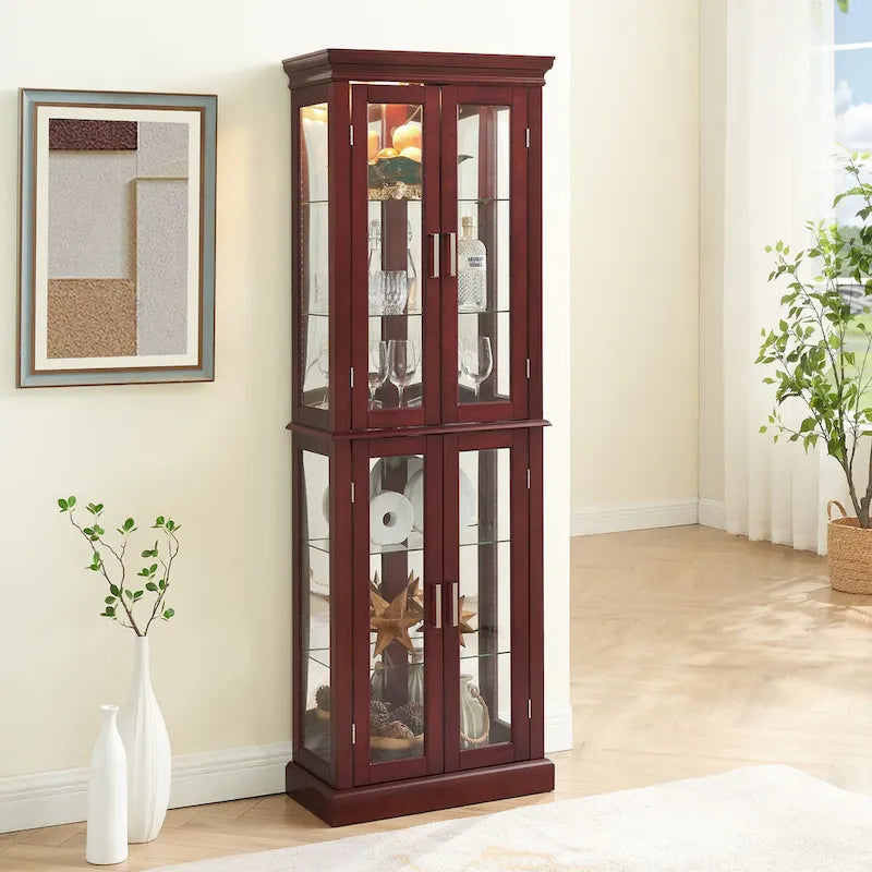 Lighted Curio Diapaly Cabinet,Adjustable Shelves,Mirrored Back Panel,Tempered Glass Doors (6 Tier),(E26 light bulb not included)