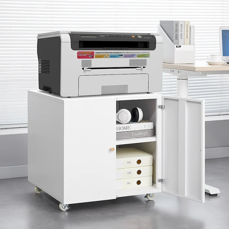 Metal Printer Stand with Storage Mobile Printer Tables for Small Spaces with Door Adjustable Shelf File Cabinet on Wheels