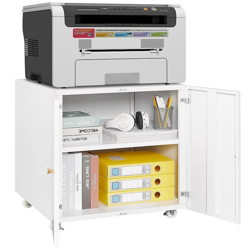 Metal Printer Stand with Storage Mobile Printer Tables for Small Spaces with Door Adjustable Shelf File Cabinet on Wheels