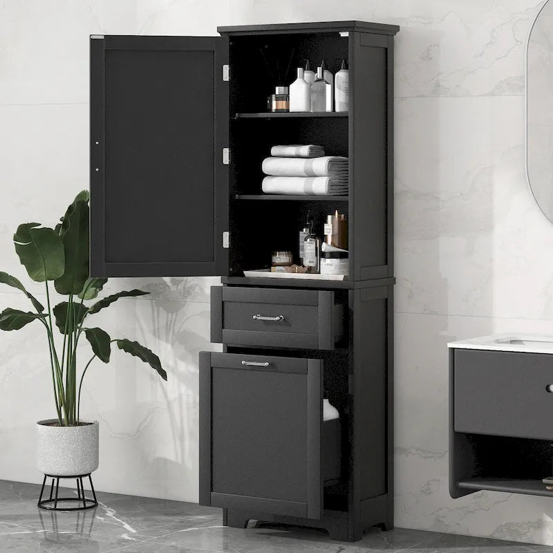 68Tall Bathroom Storage Cabinet, Freestanding Storage Cabinet with Two Different Size Drawers and Adjustable Shelf, MDF Board