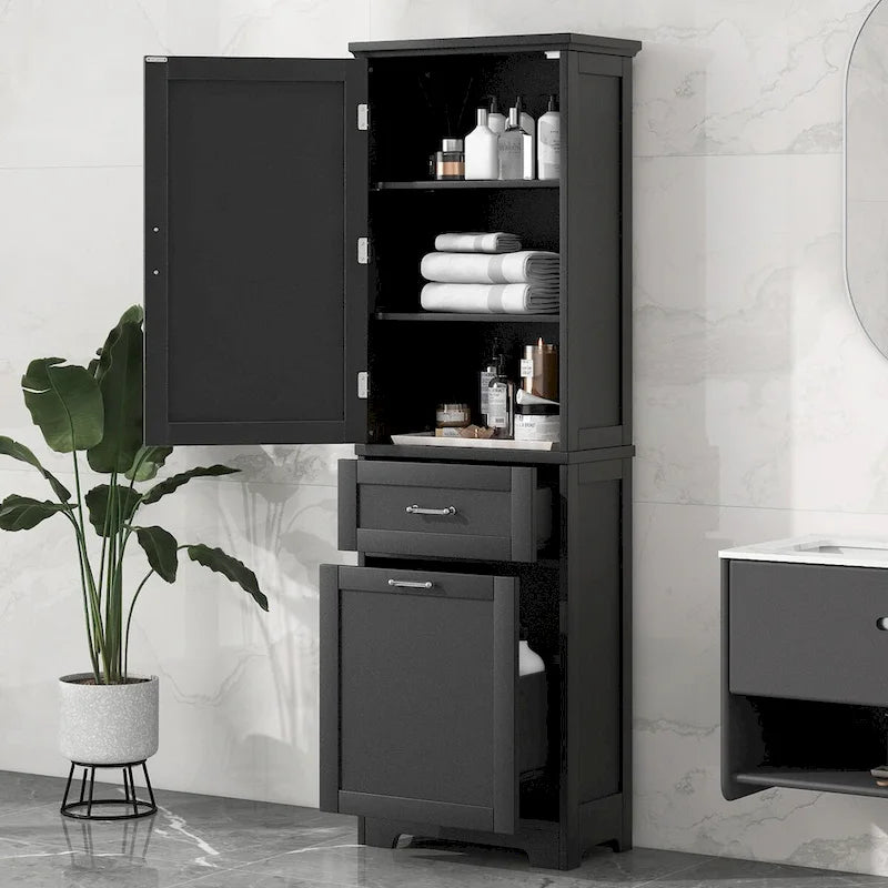 68Tall Bathroom Storage Cabinet, Freestanding Storage Cabinet with Two Different Size Drawers and Adjustable Shelf, MDF Board