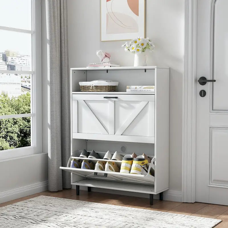 Shoe Storage Cabinet with Barn Door Design,Shoe Organizer with 2 Flip Drawers,Freestanding Shoe Rack Cabinet with Open Storage