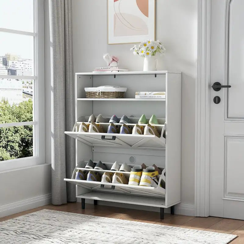 Meuble à chaussures avec porte de grange, organiseur à chaussures avec 2 tiroirs basculants, meuble à chaussures autoportant avec rangement ouvert