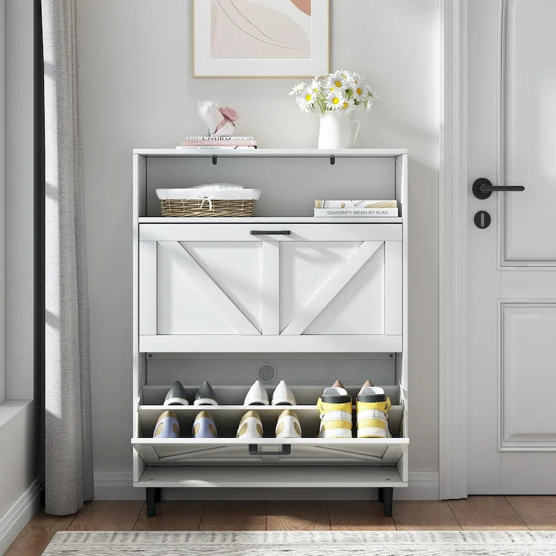 Meuble à chaussures avec porte de grange, organiseur à chaussures avec 2 tiroirs basculants, meuble à chaussures autoportant avec rangement ouvert