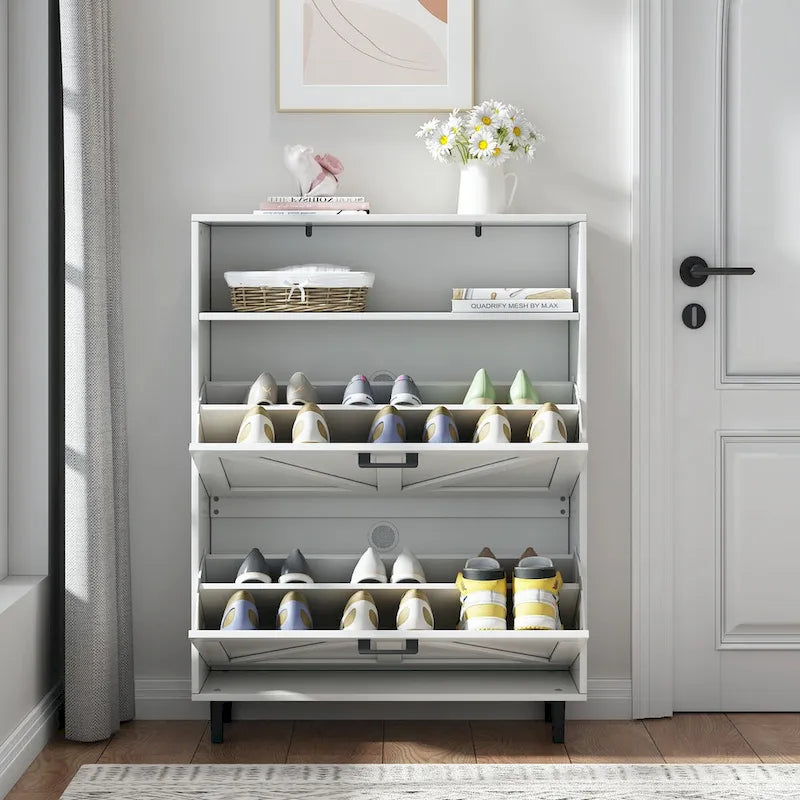 Meuble à chaussures avec porte de grange, organiseur à chaussures avec 2 tiroirs basculants, meuble à chaussures autoportant avec rangement ouvert