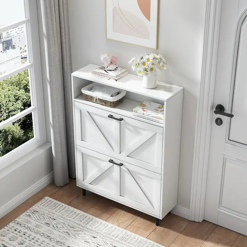 Meuble à chaussures avec porte de grange, organiseur à chaussures avec 2 tiroirs basculants, meuble à chaussures autoportant avec rangement ouvert