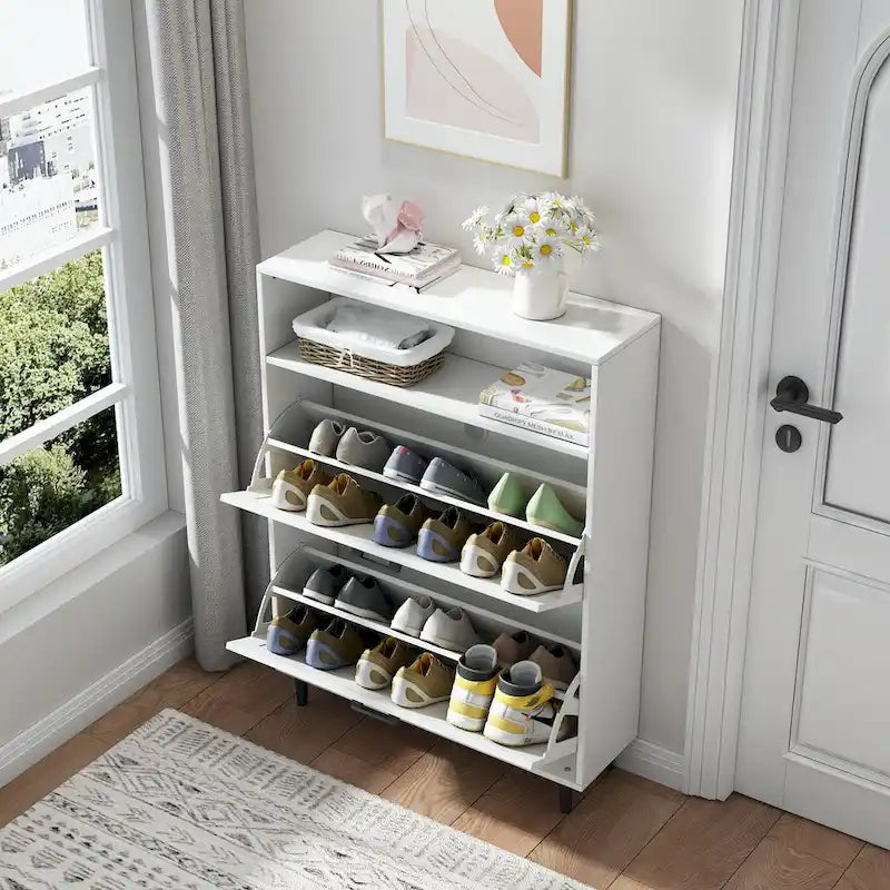 Meuble à chaussures avec porte de grange, organiseur à chaussures avec 2 tiroirs basculants, meuble à chaussures autoportant avec rangement ouvert