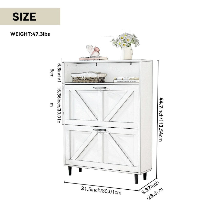 Meuble à chaussures avec porte de grange, organiseur à chaussures avec 2 tiroirs basculants, meuble à chaussures autoportant avec rangement ouvert