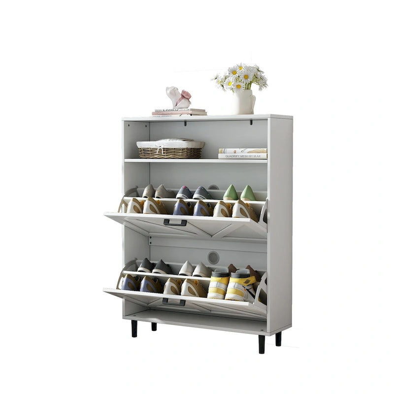 Meuble à chaussures avec porte de grange, organiseur à chaussures avec 2 tiroirs basculants, meuble à chaussures autoportant avec rangement ouvert