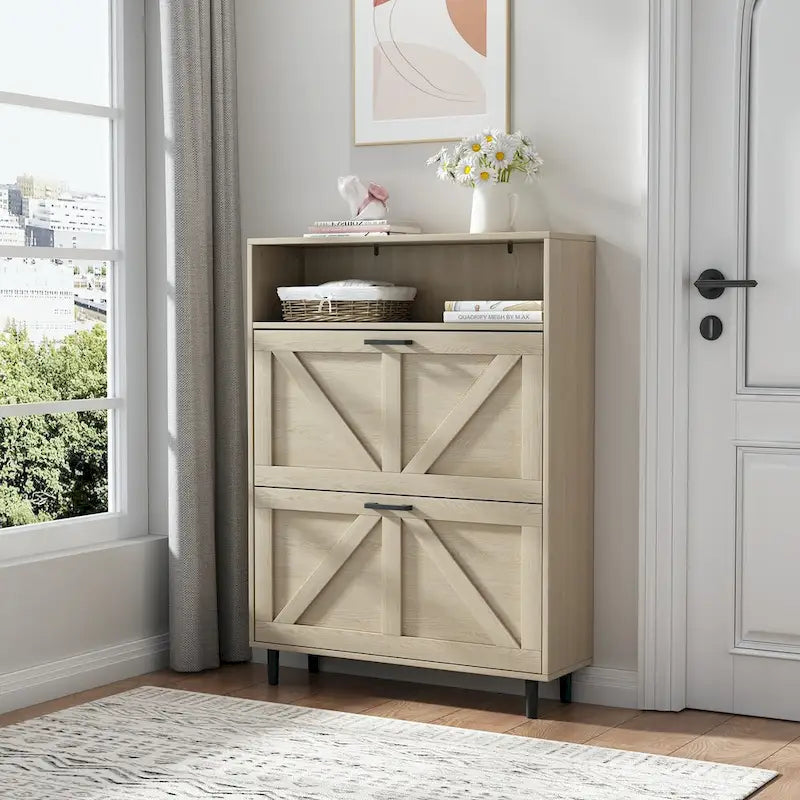 Meuble à chaussures avec porte de grange, organiseur à chaussures avec 2 tiroirs basculants, meuble à chaussures autoportant avec rangement ouvert