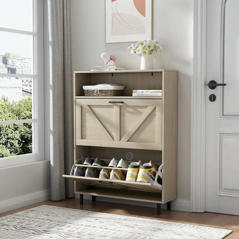 Meuble à chaussures avec porte de grange, organiseur à chaussures avec 2 tiroirs basculants, meuble à chaussures autoportant avec rangement ouvert