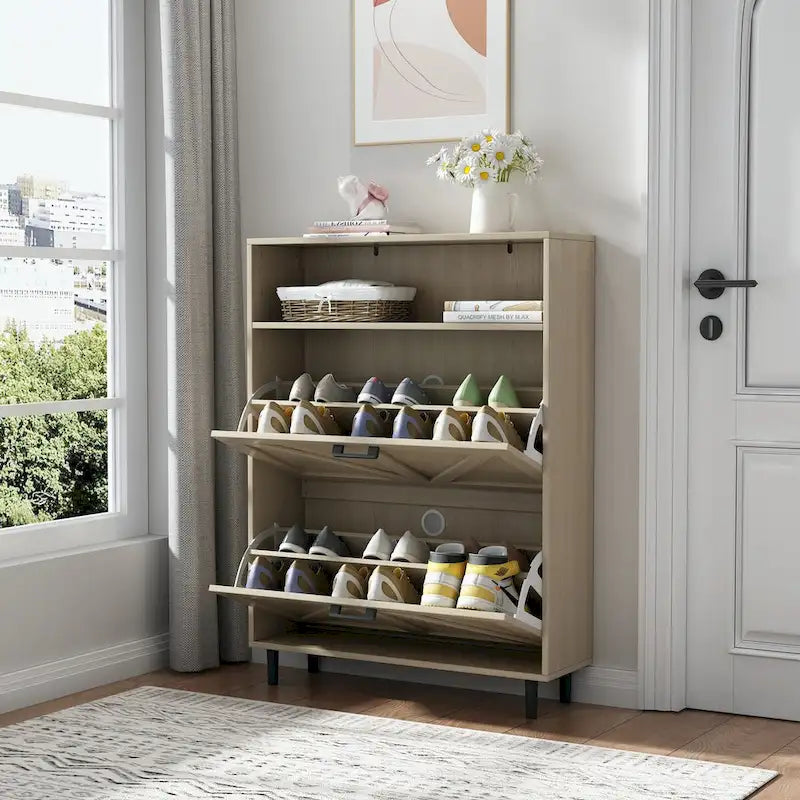 Meuble à chaussures avec porte de grange, organiseur à chaussures avec 2 tiroirs basculants, meuble à chaussures autoportant avec rangement ouvert