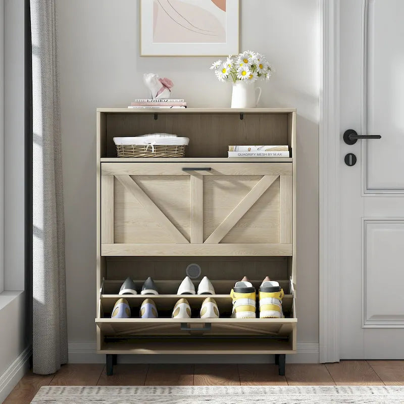 Meuble à chaussures avec porte de grange, organiseur à chaussures avec 2 tiroirs basculants, meuble à chaussures autoportant avec rangement ouvert