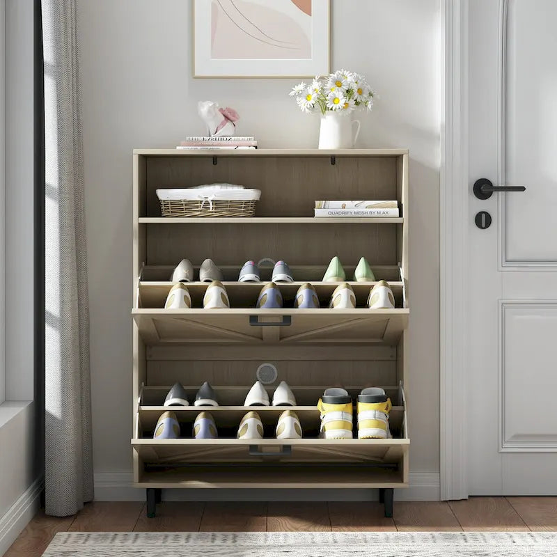 Meuble à chaussures avec porte de grange, organiseur à chaussures avec 2 tiroirs basculants, meuble à chaussures autoportant avec rangement ouvert