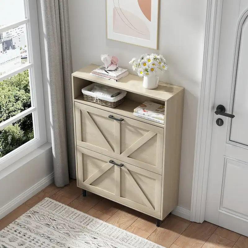 Meuble à chaussures avec porte de grange, organiseur à chaussures avec 2 tiroirs basculants, meuble à chaussures autoportant avec rangement ouvert