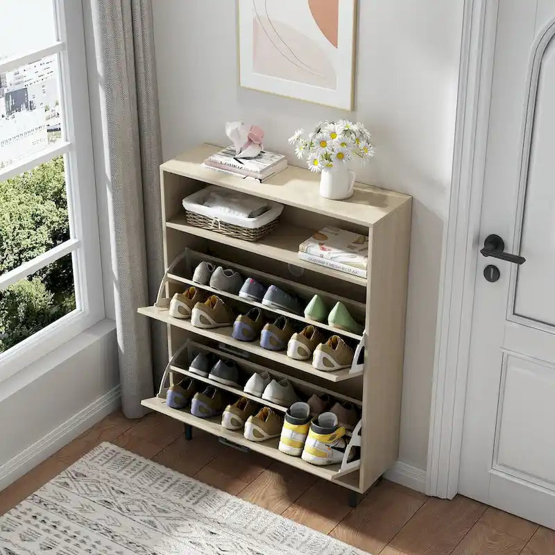 Meuble à chaussures avec porte de grange, organiseur à chaussures avec 2 tiroirs basculants, meuble à chaussures autoportant avec rangement ouvert