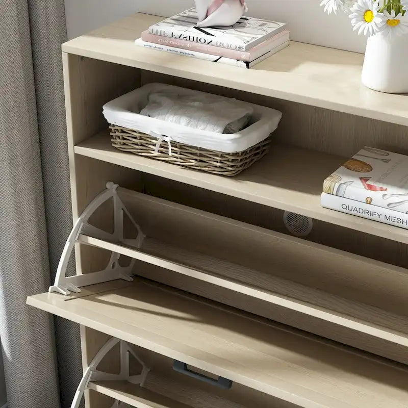 Meuble à chaussures avec porte de grange, organiseur à chaussures avec 2 tiroirs basculants, meuble à chaussures autoportant avec rangement ouvert